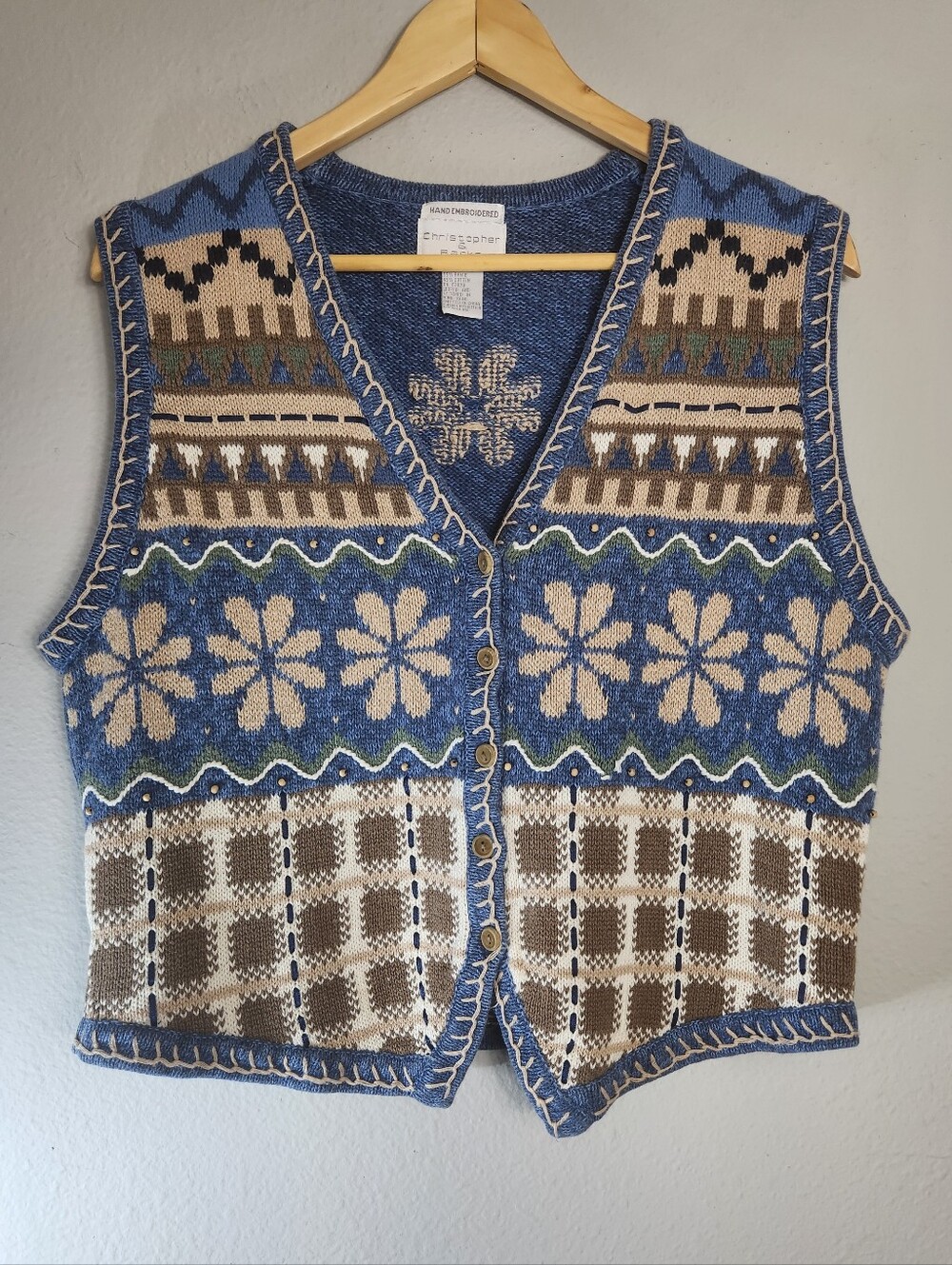 Christopher & Banks Womens |M| VTG Hand-Embroidered Blue Patterned Knit Vest